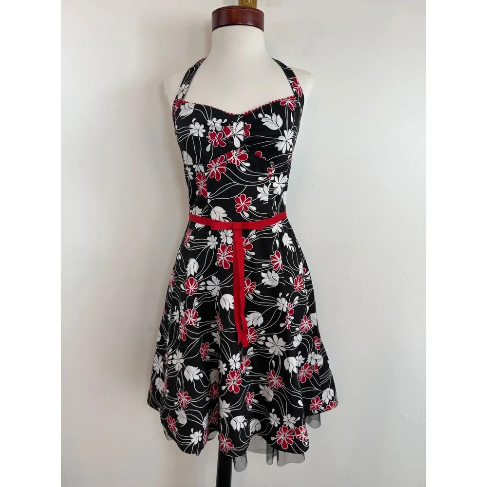 Rampage‎ Floral Halter Dress Red White Y2K Rockabilly Pinup Retro Tulle Sz 3 XS